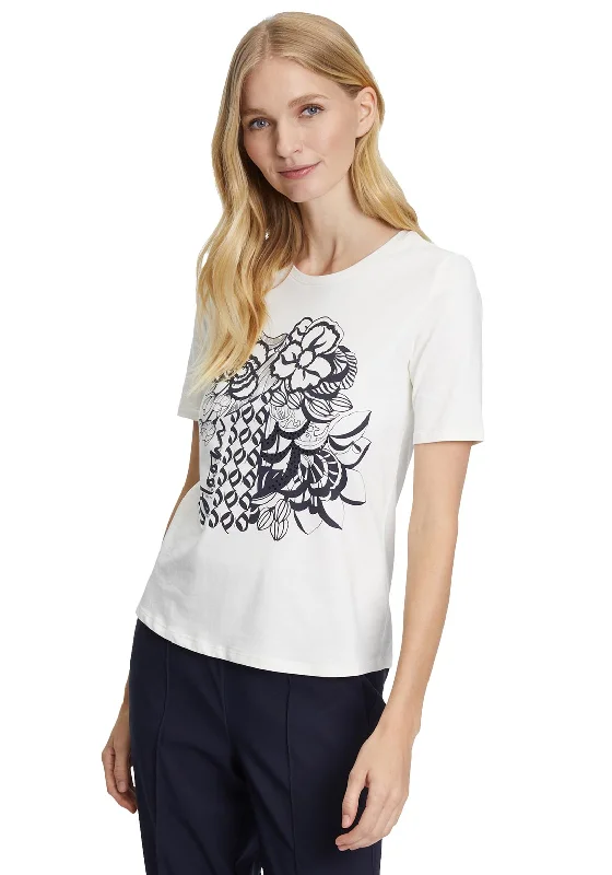 Betty Barclay Floral Outline Graphic T-Shirt, White & Navy-- Hooded Caped Shawl Collar