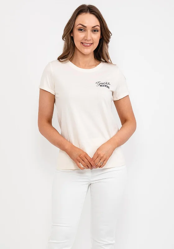 Guess Womens Marine T-Shirt, Cream-- Ribbed Striped Patterned
