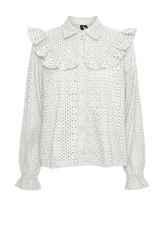 Vero Moda Frill Broidery Shirt, Snow White-- Mesh Blend Leather Blend Suede Blend