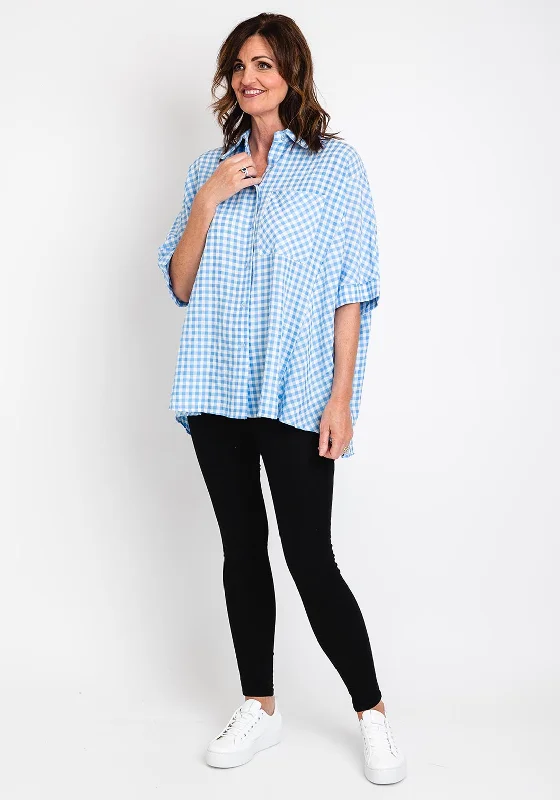The Serafina Collection One Size Oversized Gingham Shirt, Blue-- Striped Floral Plaid