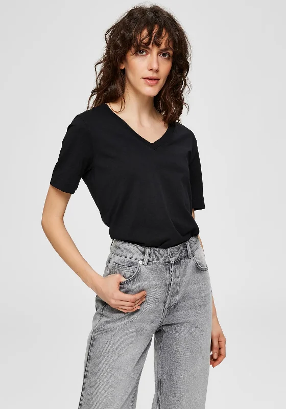 Selected Femme Standard V Neck T-Shirt, Black-- Rayon Fabric Velvet Fabric Corduroy Fabric