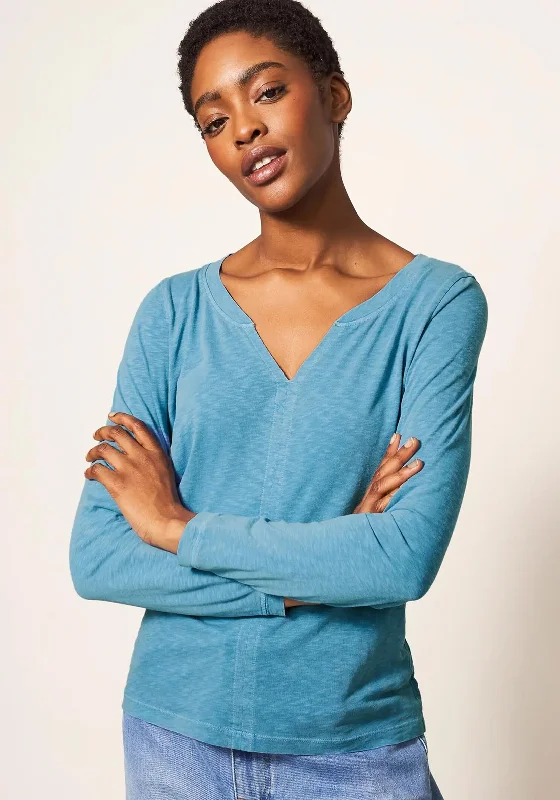 White Stuff Nelly Long Sleeve T-Shirt, Mid Blue-- V-Neck T-Shirt Long Sleeve Cotton
