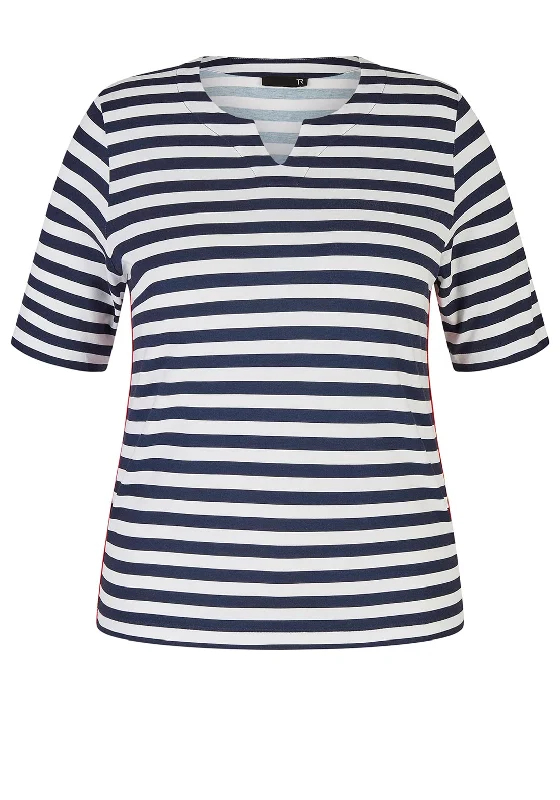 Rabe Notch Neck Stripe T-Shirt, Navy-- Fleece Fabric Down Fabric Feather Fabric