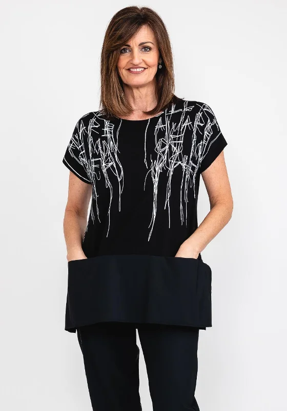 Naya Pocket Hem Print T-Shirt, Black-- Hooded Caped Shawl Collar