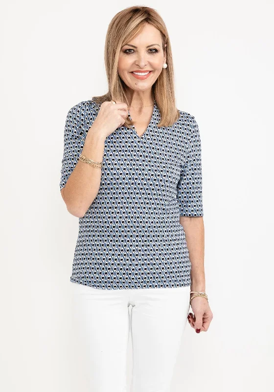 Barbara Lebek Geo Print V Neck T-Shirt, Blue Multi-- Ribbed T-Shirt High Neck Heavyweight Barbara Lebek Geo Print V Neck T-Shirt, Blue Multi-- Ribbed T-Shirt High Neck Heavyweight