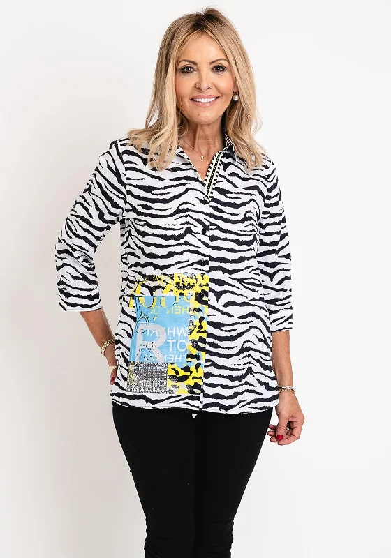 Just White Zebra Print Shirt, Black & White-- Lace Blend Ribbed Blend Corduroy Blend