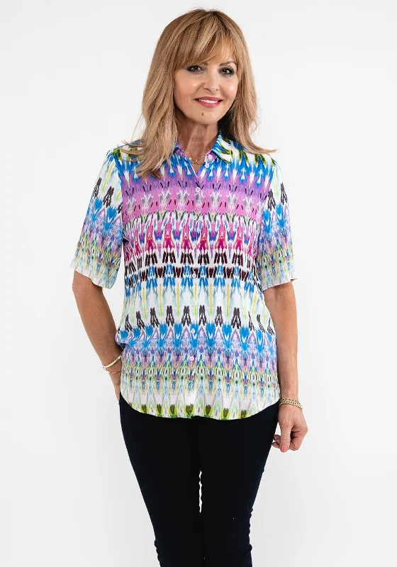 ERFO Short Sleeve Abstract Print Shirt, Blue Multi-- Spandex Blend Rayon Blend Denim Blend