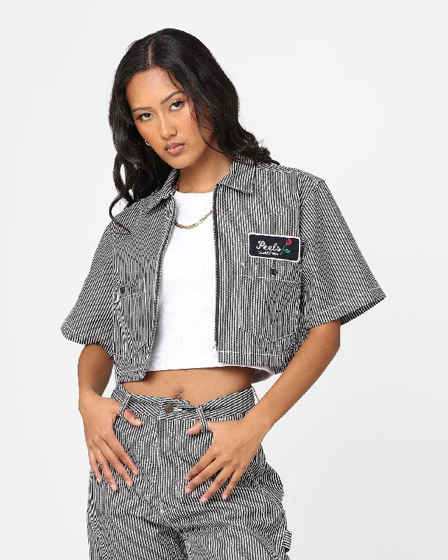 X-Girl Women's Peels Zip Up Cropped T-Shirt Navy-- Iron Safe Non-Iron Wrinkle Free