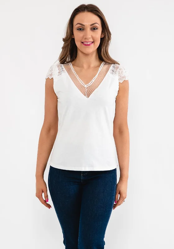Seventy1 Lace Cap Sleeve T-Shirt, White-- Denim Fabric Leather Fabric Suede Fabric