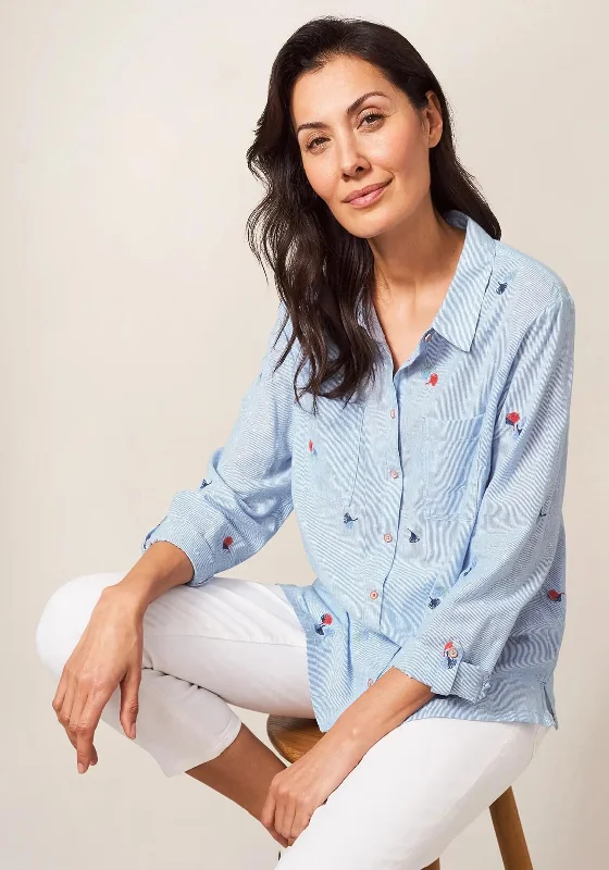White Stuff Emilia Stripe Embroidery Shirt, Blue-- Boxy Fit Fitted Loose