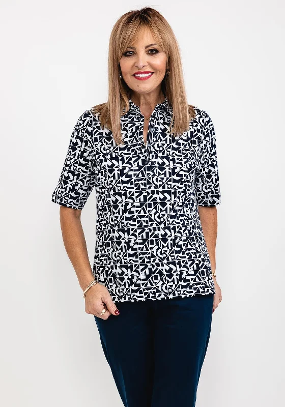 Rabe Shape Print Collared T-Shirt, Navy & White-- Zippered Front Buttoned Front Snap Front Rabe Shape Print Collared T-Shirt, Navy & White-- Zippered Front Buttoned Front Snap Front