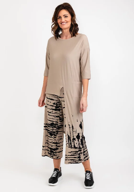 Elsewhere Asymmetric Long Side Hem T-Shirt, Cafe Creme-- Solid Print Embellished