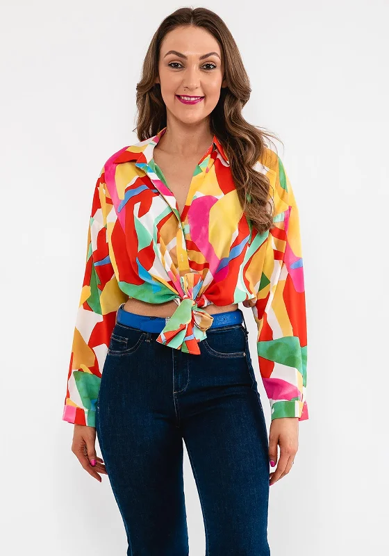 Seventy1 Knot Waist Crop Shirt, Multi-- Rayon Fabric Velvet Fabric Corduroy Fabric
