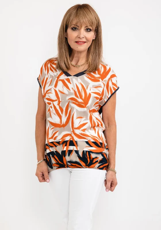 Barbara Lebek Leaf Print Torso T-Shirt, Orange & Charcoal-- Zippered Front Buttoned Front Snap Front