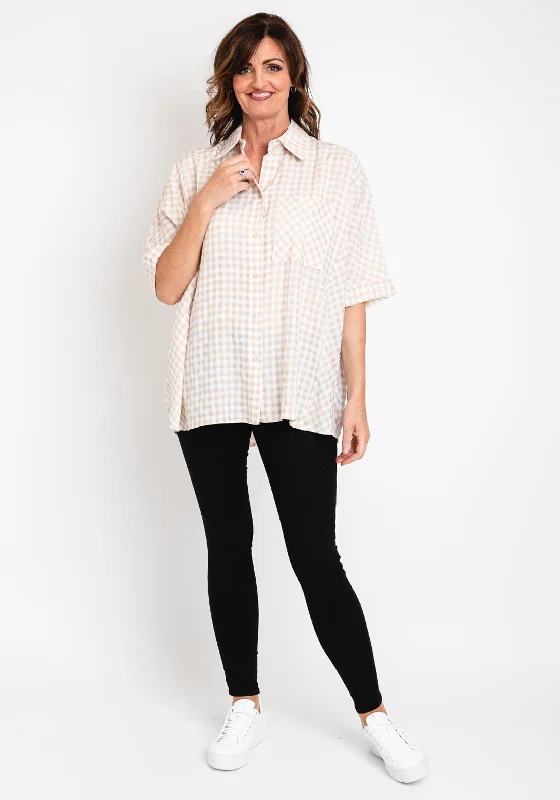 Serafina Collection One Size Oversized Gingham Shirt, Beige-- Polka Dot Checkered Tartan