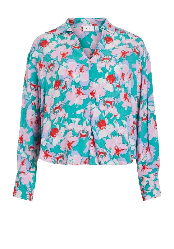 Vila Kikki Floral Shirt, Alhambra-- Satin Blend Silk Blend Wool Blend