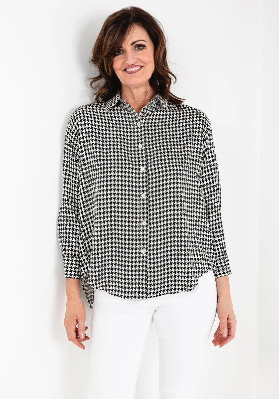 Seventy1 Silk Look Houndstooth Relaxed Shirt, Black & White-- Front Pockets Side Pockets Patch Pockets
