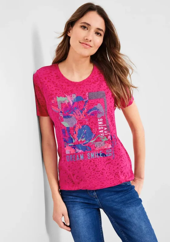 Cecil Graphic Print T-Shirt, Burn Out Pink-- Ribbed Striped Patterned