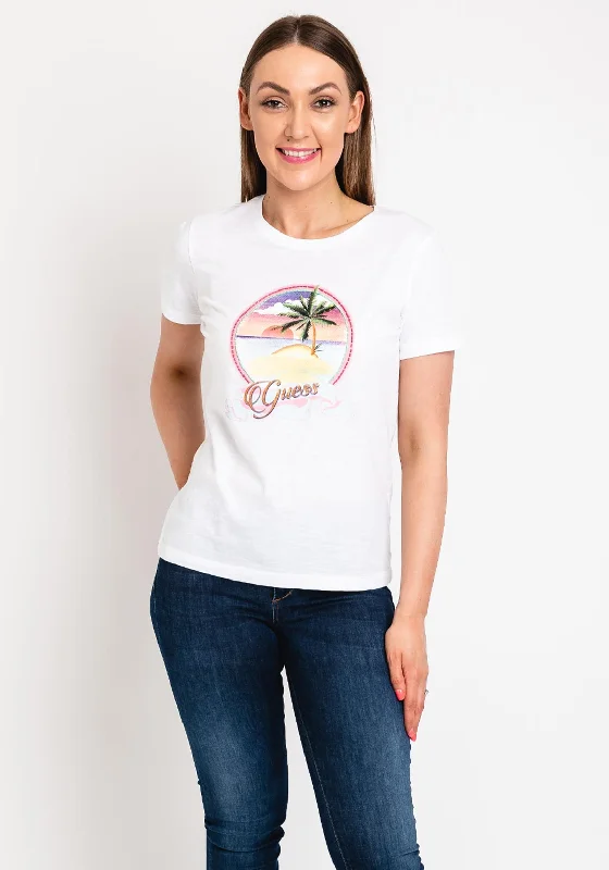 Guess Womens Tropical Graphic T-Shirt, White-- Collared Crew Neck Turtle Neck