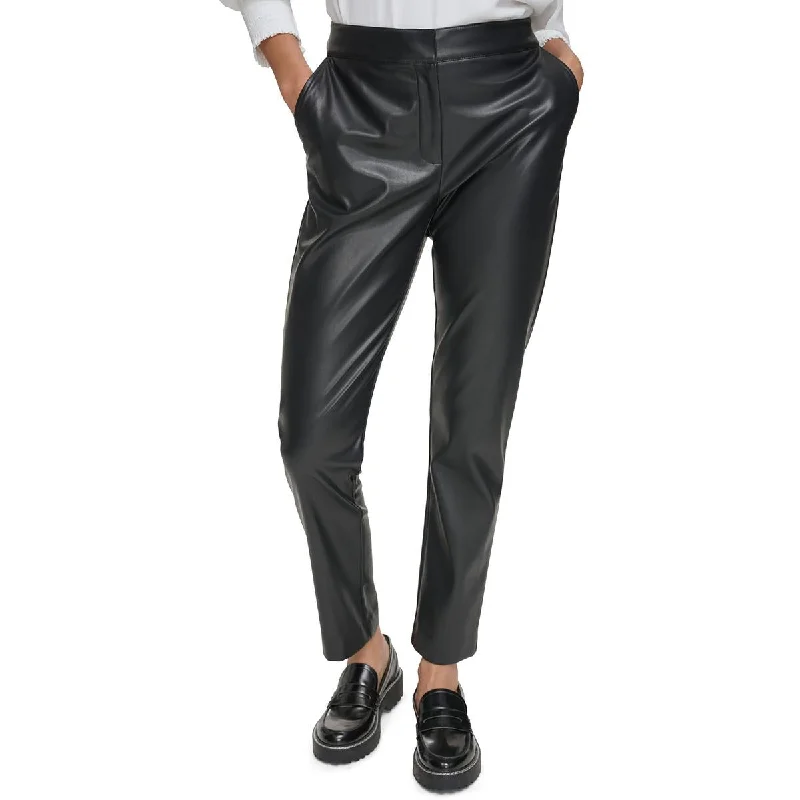 Calvin Klein Womens Petites Solid Faux Leather Ankle Pants Fashionable Work Pants
