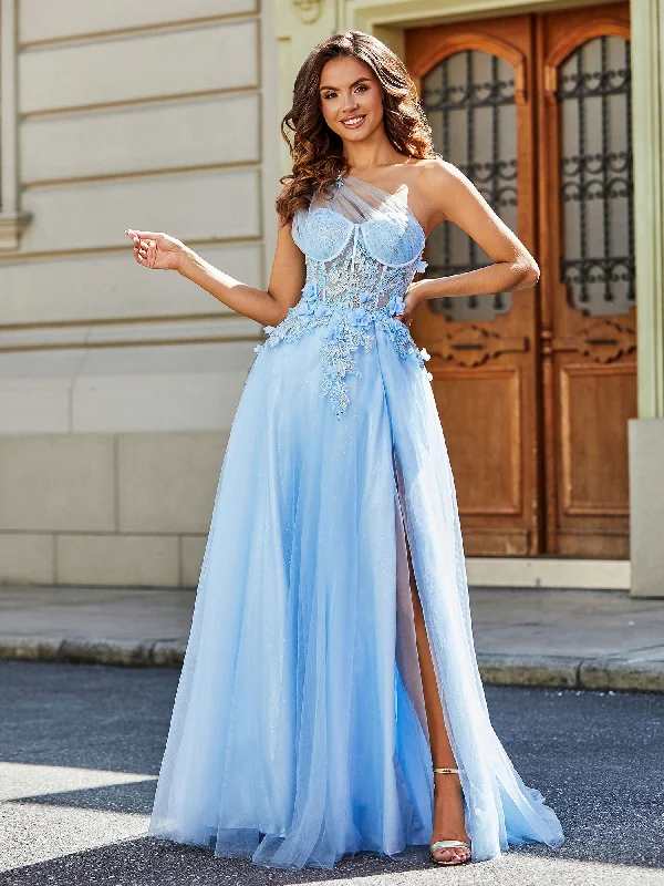 Flower Applique Bodice High Slit Tulle Dress Sky Blue Tunics stripes playful