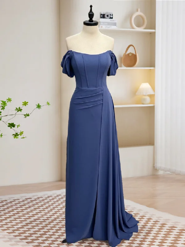 Simple Off Shoulder Gray Blue Long Prom Dress, Gray Blue Long Formal Dress Tunics Mesh breathable