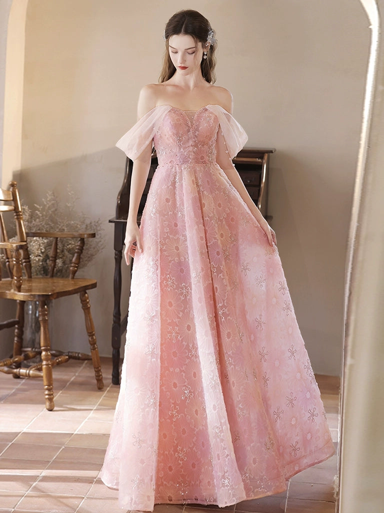 A-Line Off Shoulder Tulle Lace Pink Long Prom Dress, Pink Lace Evening Dress Tunics Canvas sturdy A-Line Off Shoulder Tulle Lace Pink Long Prom Dress, Pink Lace Evening Dress Tunics Canvas sturdy