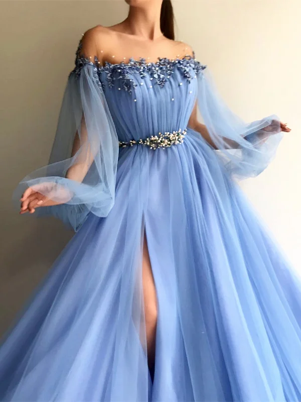 Custom Made Round Neck Baby Blue Tulle Long Sleeves Prom Dresses, Blue Long Sleeves Formal Dresses Tunics Evening elegant Custom Made Round Neck Baby Blue Tulle Long Sleeves Prom Dresses, Blue Long Sleeves Formal Dresses Tunics Evening elegant