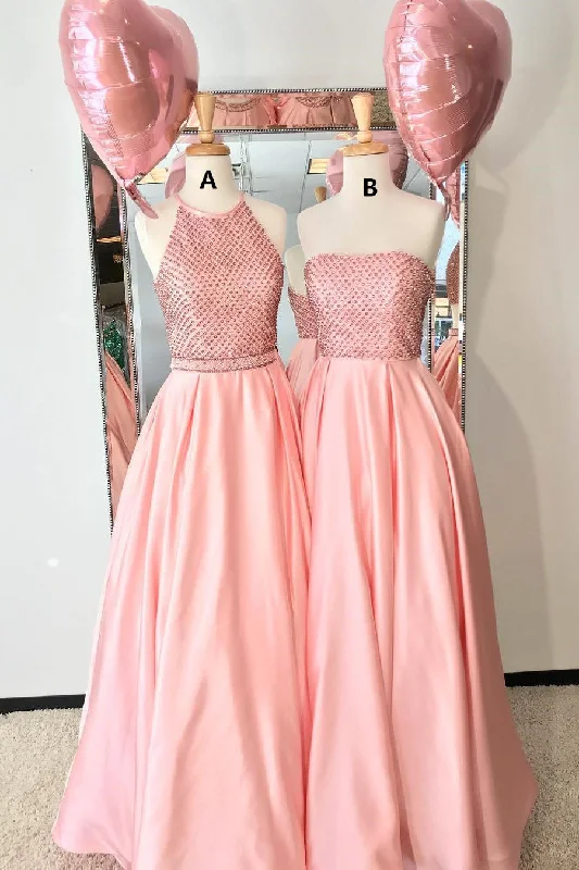 Gorgeous A-line Pink Satin Long Prom Party Dresses OKK92 Tunics Ceremony elegant