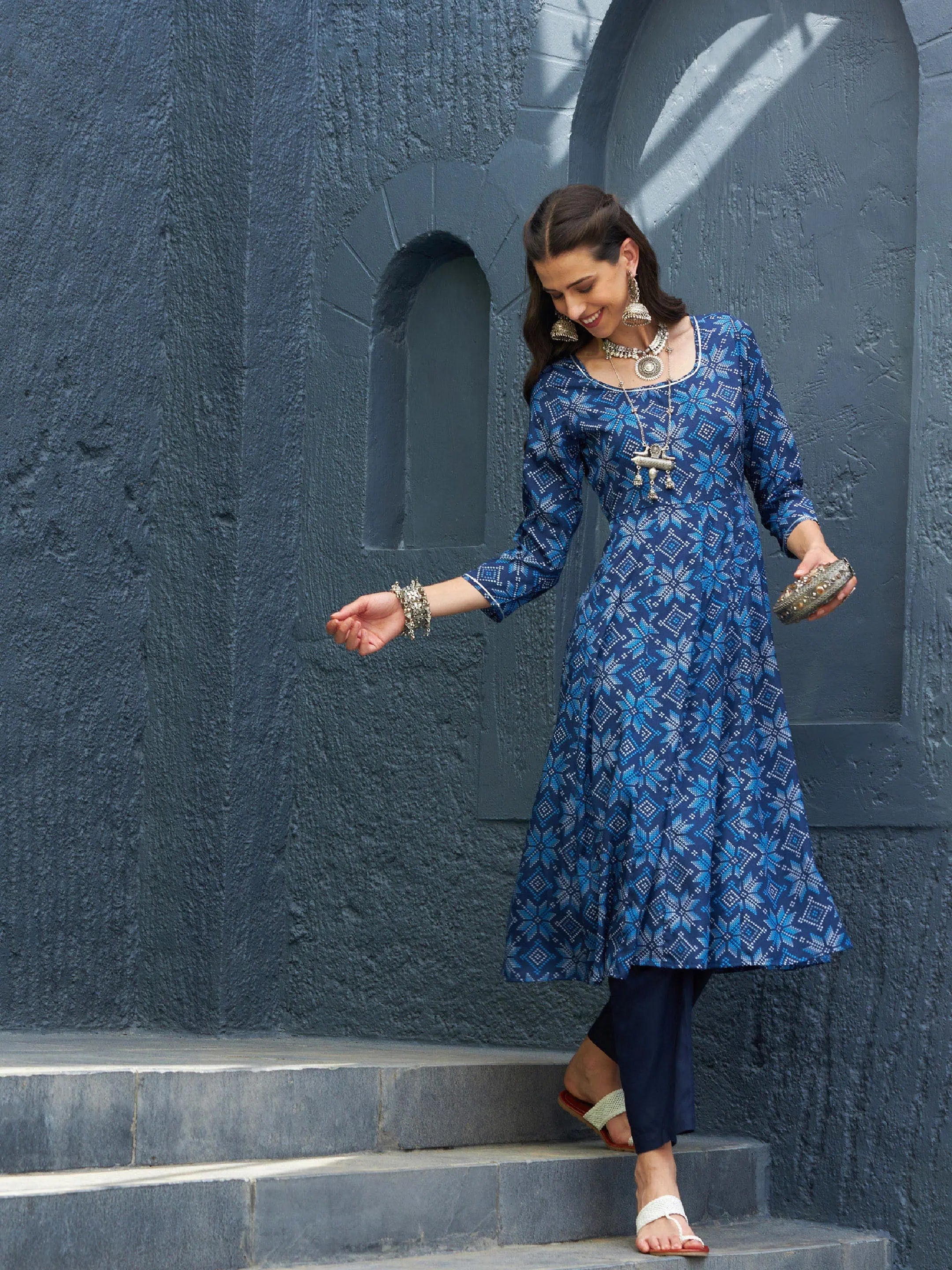 Women Blue Floral Anarkali Kurta With Navy Pants Comfortable Denim Leggings