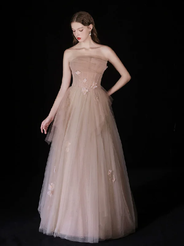 Champagne A-Line Tulle Long Prom Dress, Champagne Long Formal Dress Tunics Fall fleece Champagne A-Line Tulle Long Prom Dress, Champagne Long Formal Dress Tunics Fall fleece