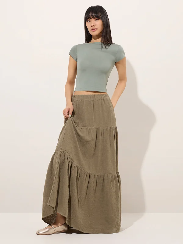 Nuon Olive Crinkle-Textured Tiered High-Rise Cotton Skirt cashmere skirt rich