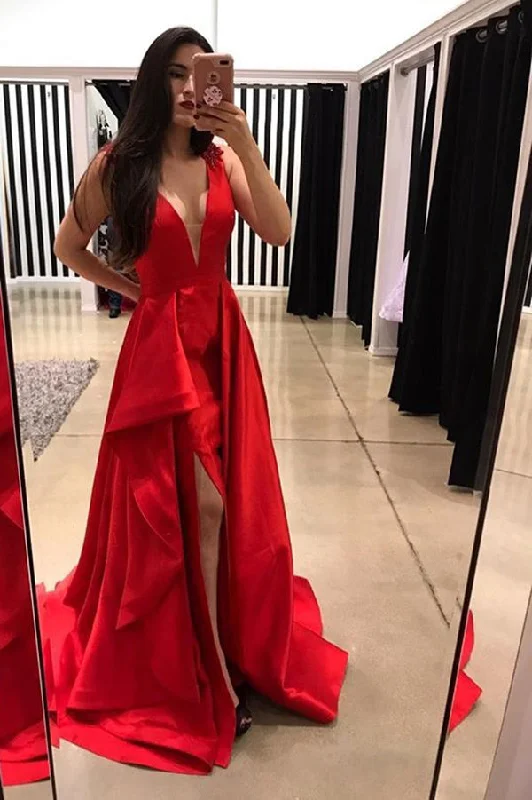 Chic Red Deep V Neck Prom Dresseses Formal Party Dresses with Split Side Tunics Hiking breathable Chic Red Deep V Neck Prom Dresseses Formal Party Dresses with Split Side Tunics Hiking breathable