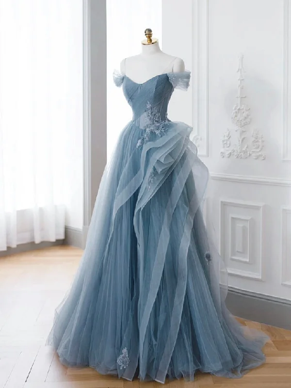 A-Line off Shoulder Tulle Lace Gray Blue Long Prom Dress, Blue Long Formal Dress Tunics Cozy soft A-Line off Shoulder Tulle Lace Gray Blue Long Prom Dress, Blue Long Formal Dress Tunics Cozy soft