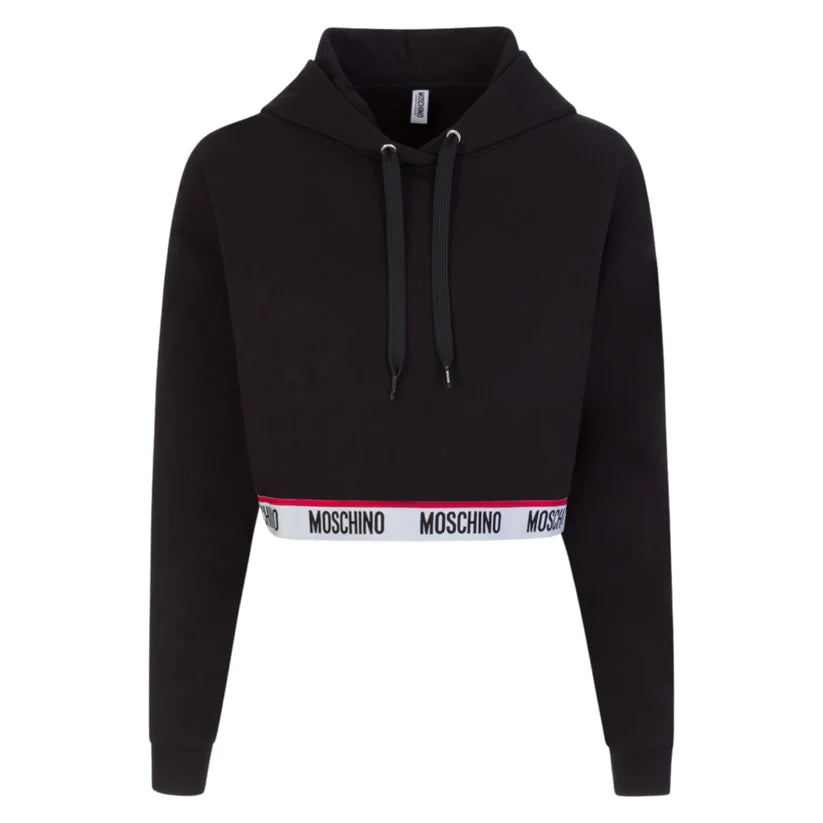 WOMENS MOSCHINO TAPE CROPPED HOODED SWEATSHIRT - BLACK Hoodie with Bell Sleeves Flared Feminine WOMENS MOSCHINO TAPE CROPPED HOODED SWEATSHIRT - BLACK Hoodie with Bell Sleeves Flared Feminine
