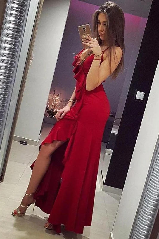 Mermaid Spaghetti Straps Red Satin Prom Dresses with Ruffles Long Party Dress Tunics Versatile stylish Mermaid Spaghetti Straps Red Satin Prom Dresses with Ruffles Long Party Dress Tunics Versatile stylish