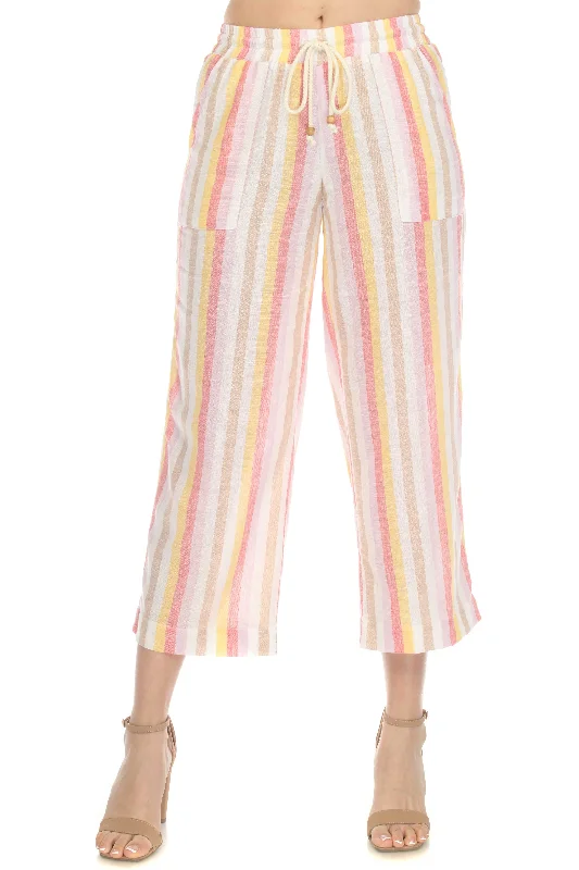 Women's Casual Beach Resort Wear Capri Pants Pinstripe Print with Drawstring Waist Linen Blend Stylish Elastic Waist Pants