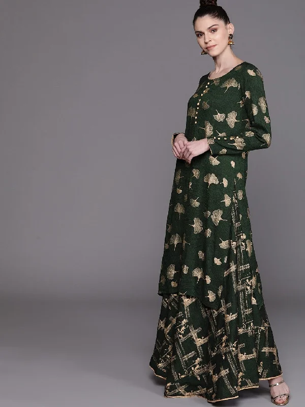 Women's  Green & Golden Printed Kurta with Skirt - AKS cashmere skirt fine