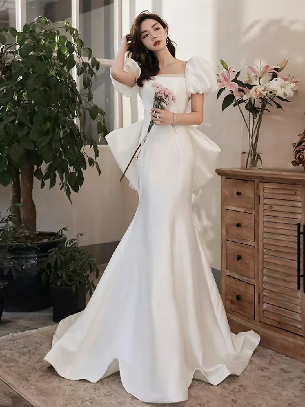 Simple Puff Sleeves Satin Mermaid White Long Prom Dress, White Long Evening Dress Tunic Top Casual Simple Puff Sleeves Satin Mermaid White Long Prom Dress, White Long Evening Dress Tunic Top Casual