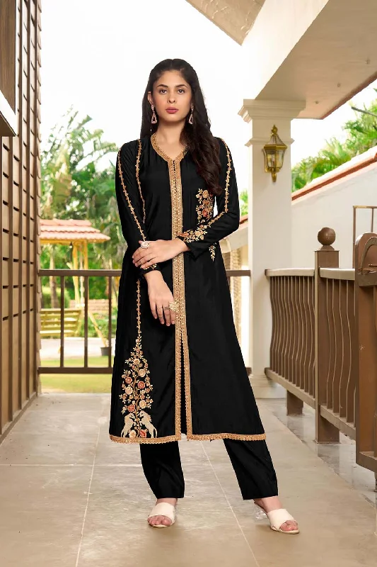 Black Hand Embroidery Art Silk A Line Pants Kurta Set High-Waist Jogger Pants