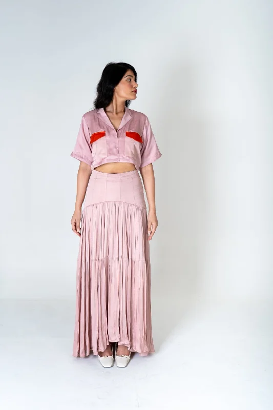 Pink-Orange Color-Blocked Maxi Skirt Set velvet skirt luxury