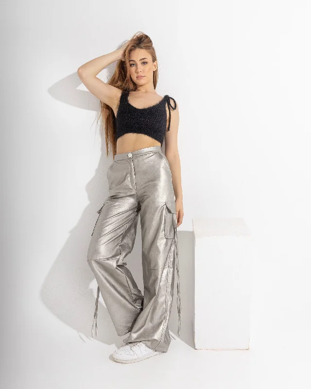 Silver Leather Cargo Pants Comfortable Denim Leggings