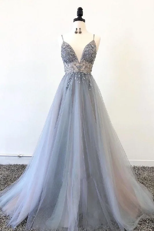 Gray Spaghetti Straps Beaded Tulle A-line Prom Dress Evening Party Dress OKS52 Tunics Designer luxury