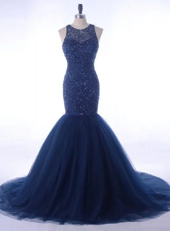 Luxury Rhinestone Evening Gown Beading Navy Blue Women Formal Party Dress Boat Neckline Classic Luxury Rhinestone Evening Gown Beading Navy Blue Women Formal Party Dress Boat Neckline Classic