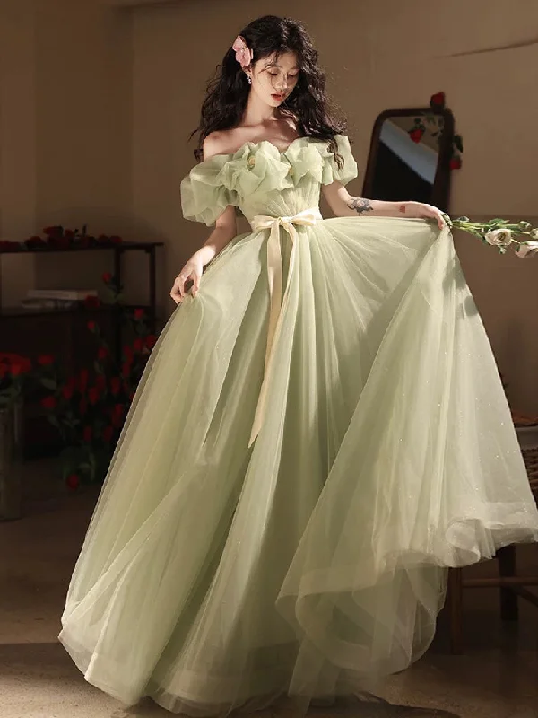 A-Line Off Shoulder Tulle Green Long Prom Dress, Green Long Formal Dress Crew Neckline Sporty A-Line Off Shoulder Tulle Green Long Prom Dress, Green Long Formal Dress Crew Neckline Sporty