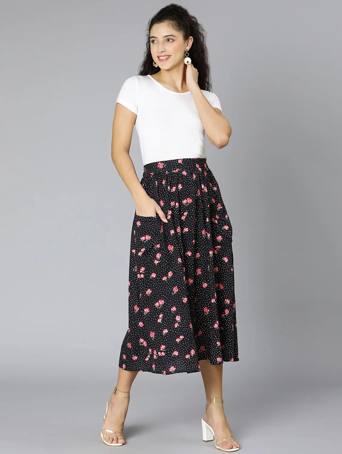 Jacked Black Floral Rpint Elasticated Women Skirt button skirt front