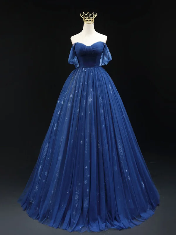 A-Line Off Shoulder Sweetheart Neck Dark Blue Long Prom Dress, Blue Formal Dress Tunics Lace romantic A-Line Off Shoulder Sweetheart Neck Dark Blue Long Prom Dress, Blue Formal Dress Tunics Lace romantic