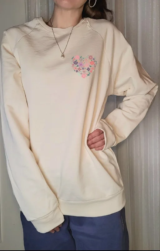 Floral Heart Cotton Crewneck Sweatshirt |In Natural Hoodie with Hem Raw Edge Edgy Unfinished Floral Heart Cotton Crewneck Sweatshirt |In Natural Hoodie with Hem Raw Edge Edgy Unfinished