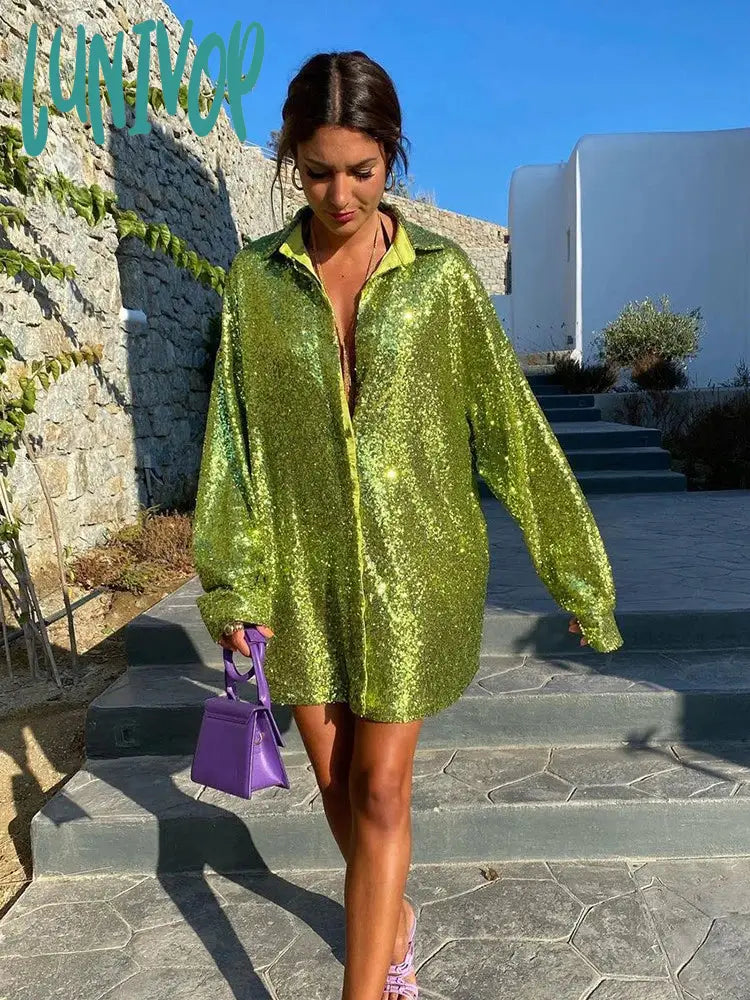 Lunivop Mini V Neck Green Sequins Party Dresses Shitrs Long Sleeve Autumn Winter Loose Pink Y2K Women Dress Sexy Club Glitter Tunics Running lightweight