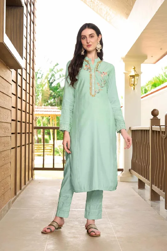 Light Green Hand Embroidery Art Silk Straight Cut Pants Kurta Set Formal Linen Trousers